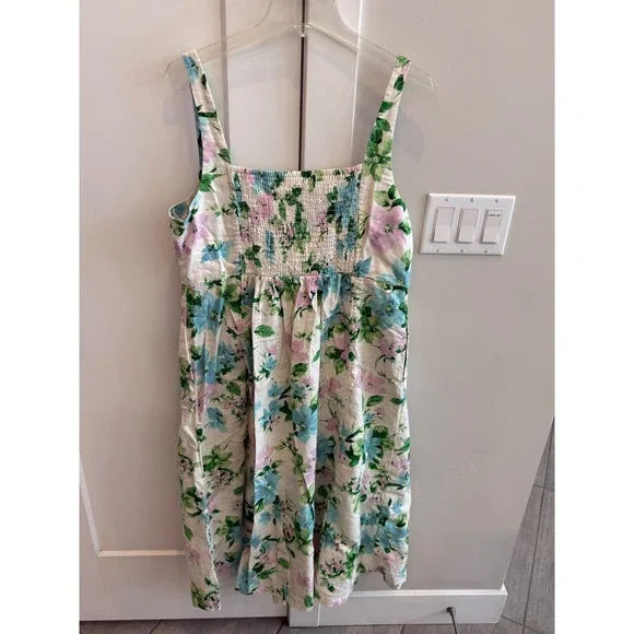 Old Navy Womens XL Linen Blend Floral Midi Dress Sweetheart Neckline Pockets - Picture 6 of 8